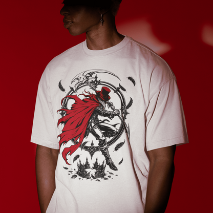 Side angle view of a model wearing the white Crowsworn Crimson Scythe T-Shirt with the front artwork visible
