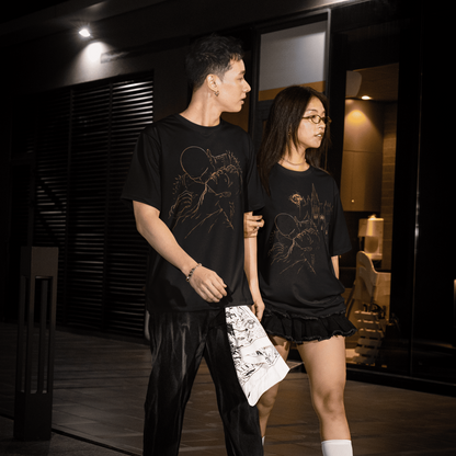 Walking two-model lifestyle view featuring The Blood of Dawnwalker Sire Embrace T-Shirt and The Blood of Dawnwalker Sire Domain T-Shirt.