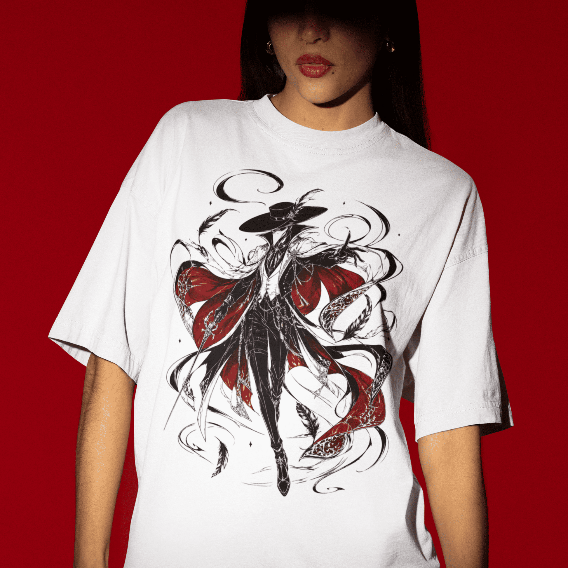 Front view of the Crowsworn Crimson Wraith T-Shirt worn by a model with dark fantasy artwork