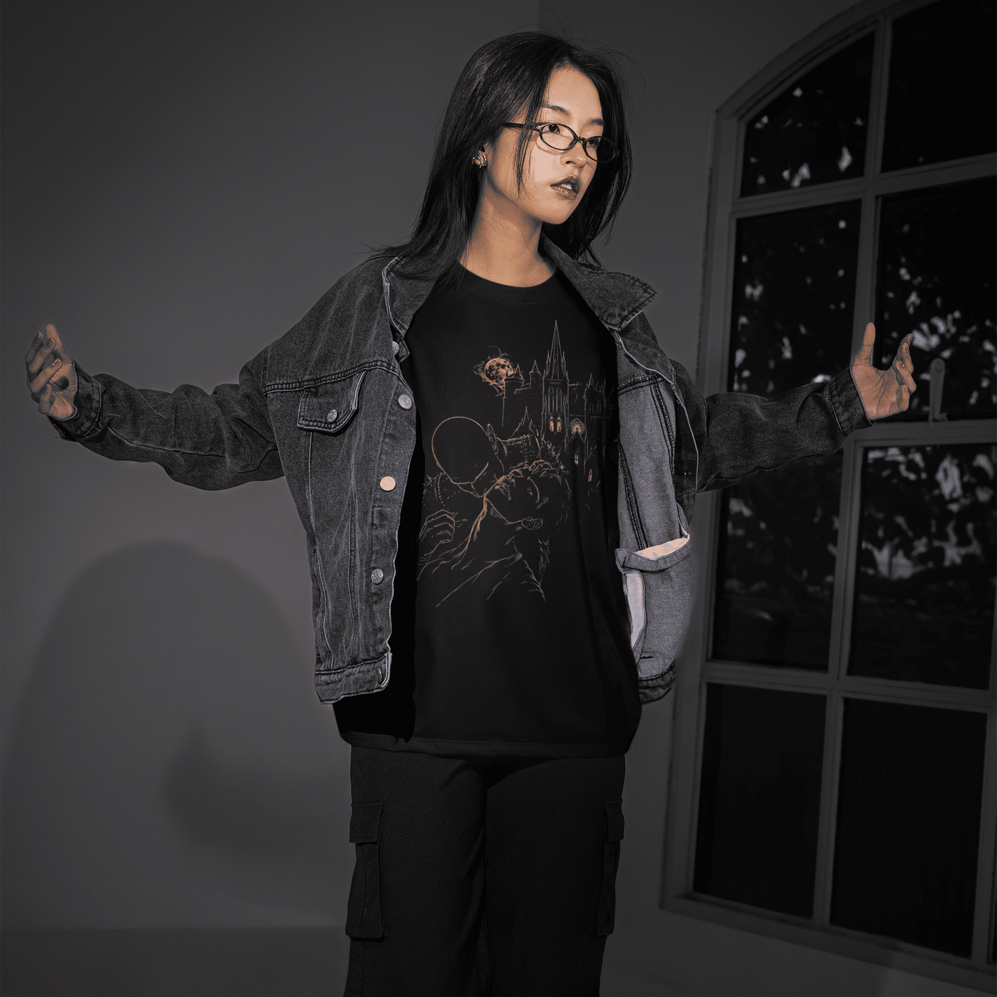 Full-body model view of The Blood of Dawnwalker Sire Domain T-Shirt showing the front gold gothic artwork.
