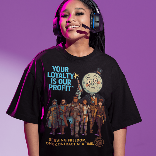 Model wearing The black Outer Worlds 2 Loyalty Is Our Profit T-Shirt showing front design while smiling with gaming headset