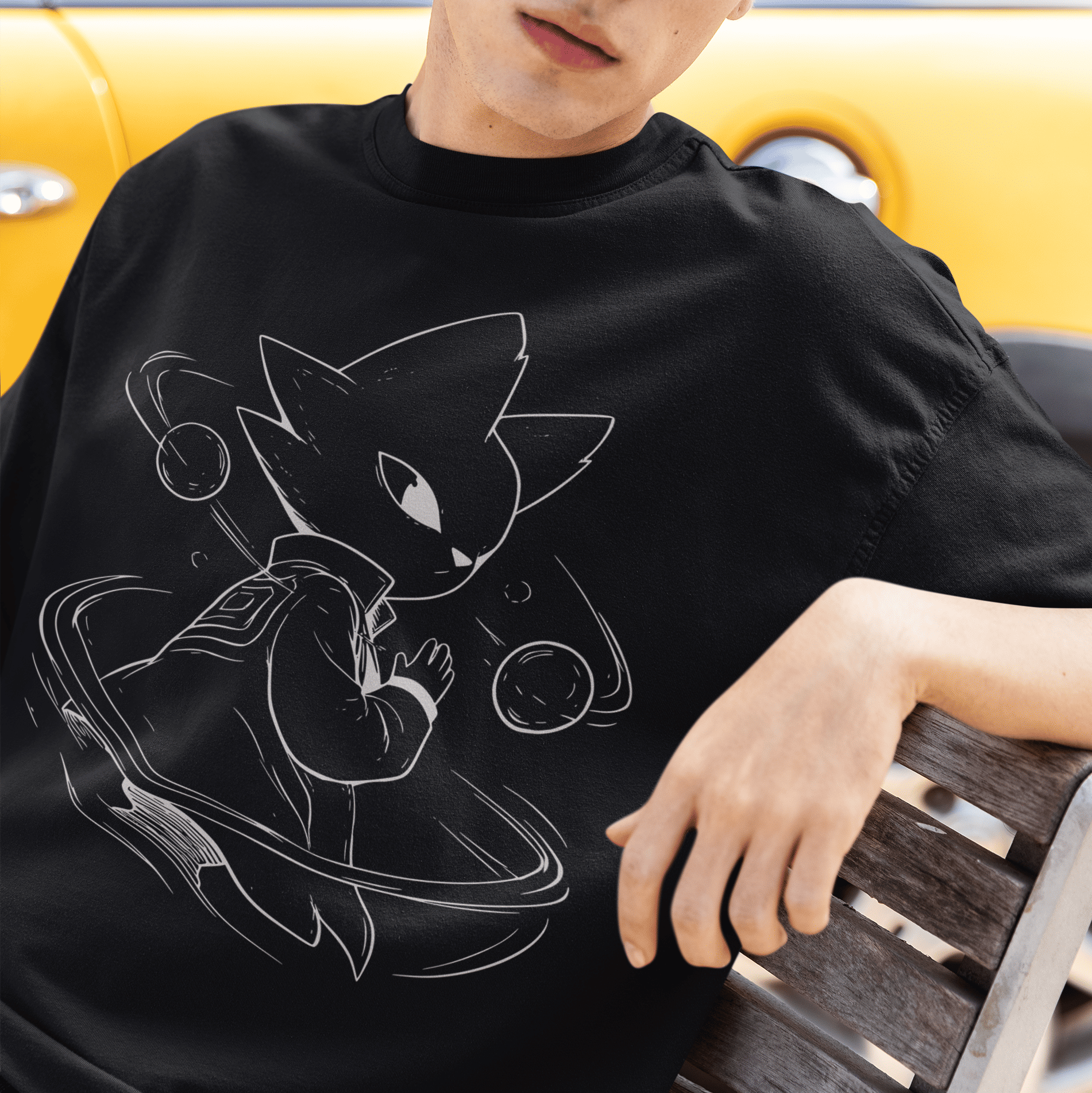Close-up lifestyle image of a model wearing the black Nine Sols Graphic Tee – Orbiting Focus Taopunk Motion.