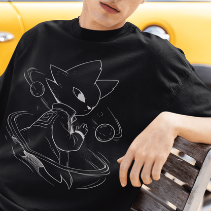 Close-up lifestyle image of a model wearing the black Nine Sols Graphic Tee – Orbiting Focus Taopunk Motion.