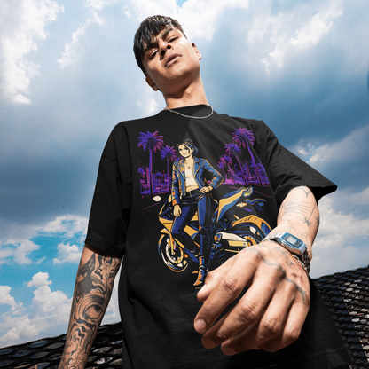 Person wearing a black t-shirt with a graphic design against a cloudy sky.