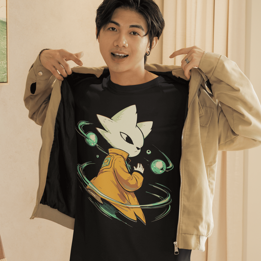 Male model showing the black Nine Sols Orbital Tee – Orbit Presence with an open jacket indoors.