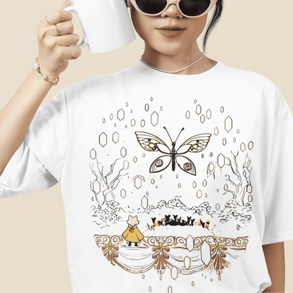 Female model wearing sunglasses and the white Nine Sols Butterfly Tee – Golden Echo in a studio setting.