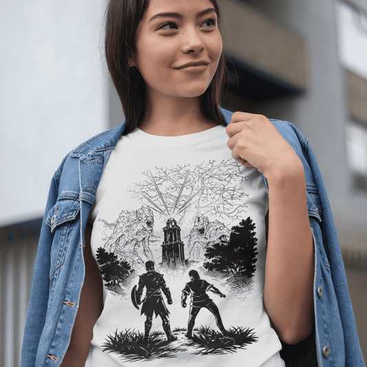 Person wearing a white t-shirt with black graphic design outdoors