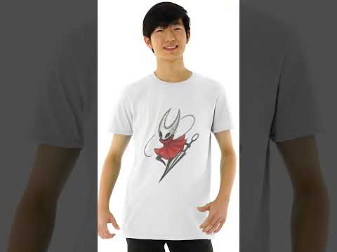 Video showing a model wearing Silksong Hornet Minimal Sketch graphic t-shirt inspired by Hollow Knight Silksong.