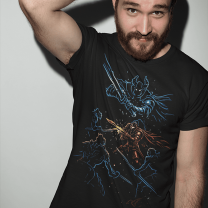 Man wearing a black t-shirt with graphic design against a plain background