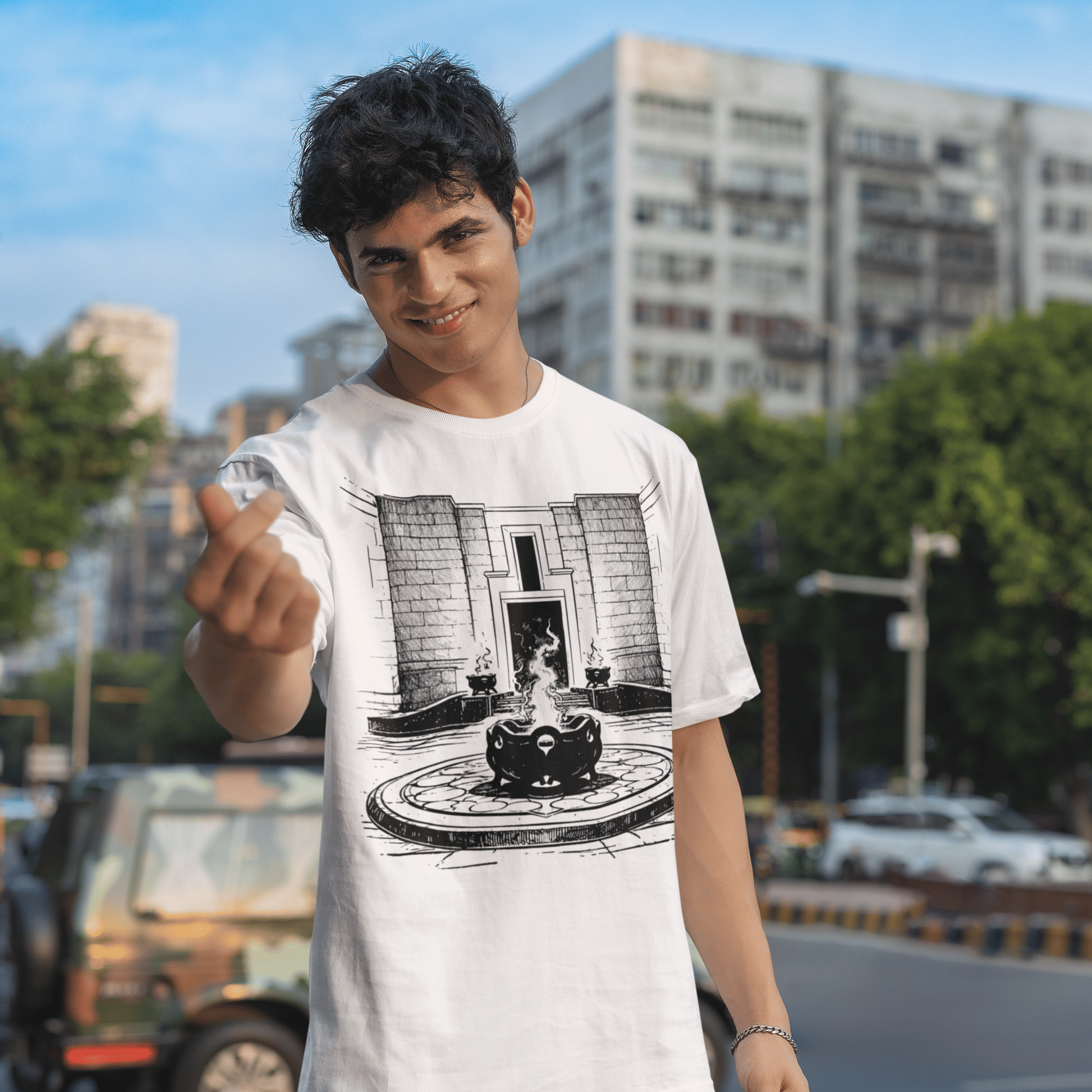 Man wearing a white t-shirt with graphic design outdoors on a city street