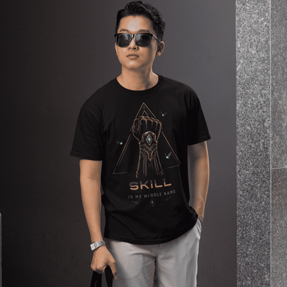 Full body view of Skill Is My Middle Name Gamer T-Shirt with Fantasy Power Art worn with sunglasses and tote bag