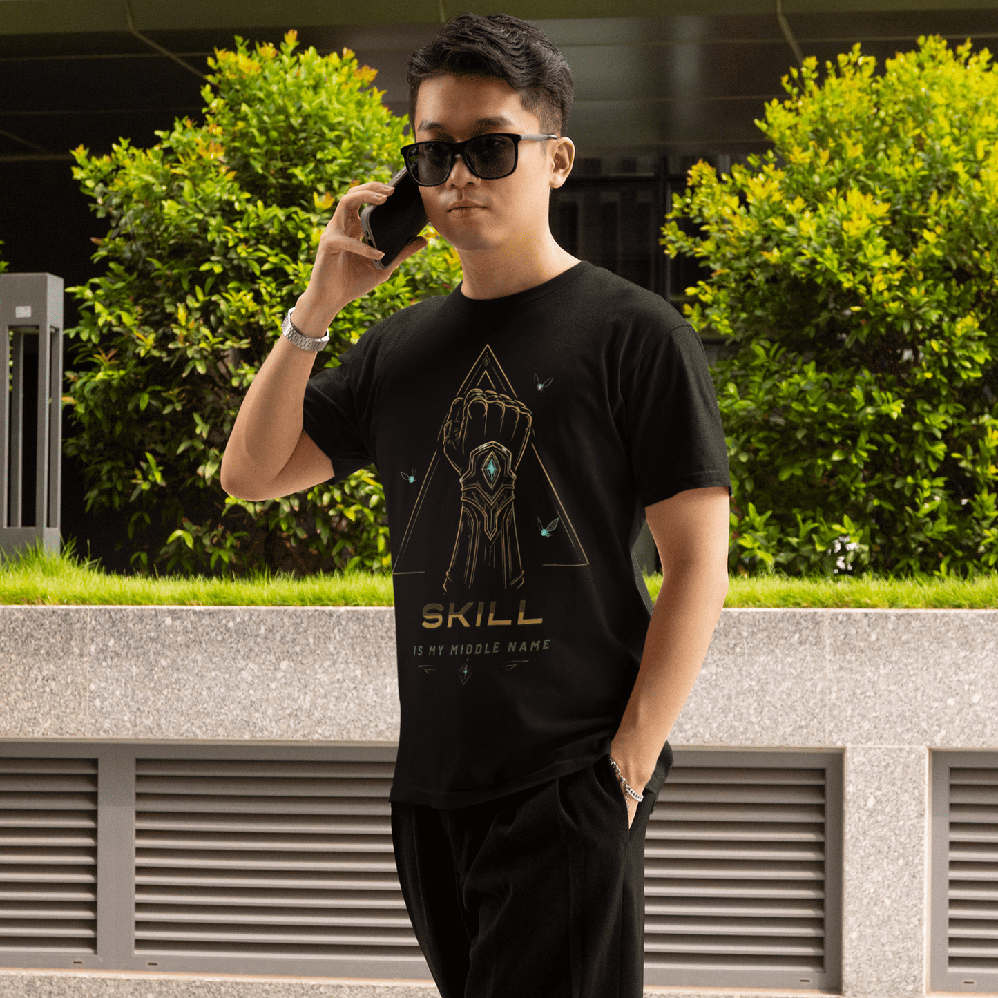Full body view of Skill Is My Middle Name Gamer T-Shirt with Fantasy Power Art worn with sunglasses and a tote bag