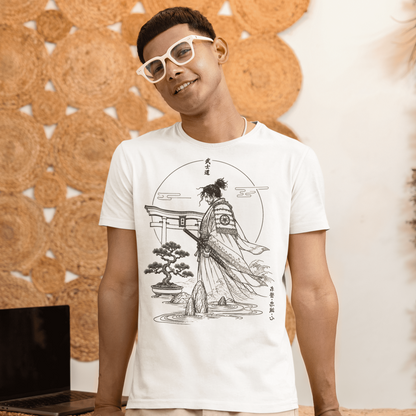Male model standing in Bushido Samurai T-Shirt with quiet warrior garden design in a warm indoor lifestyle scene.