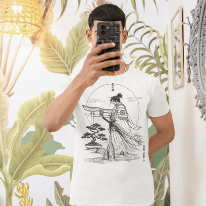 Male model taking a mirror selfie in Bushido Samurai T-Shirt with quiet warrior garden artwork in a bright tropical room.