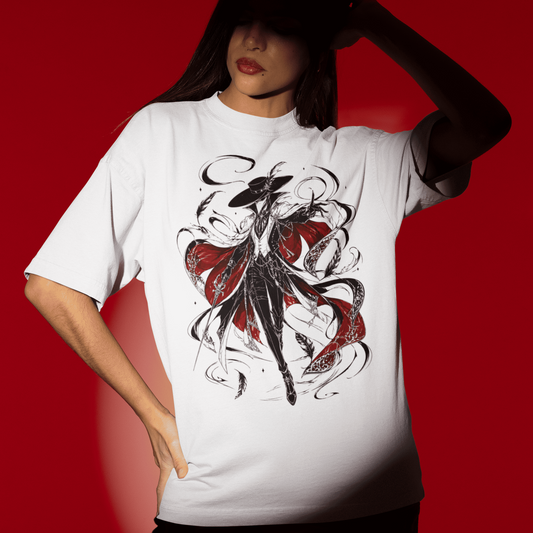 Front pose of the Crowsworn Crimson Wraith T-Shirt featuring a crimson dark fantasy design
