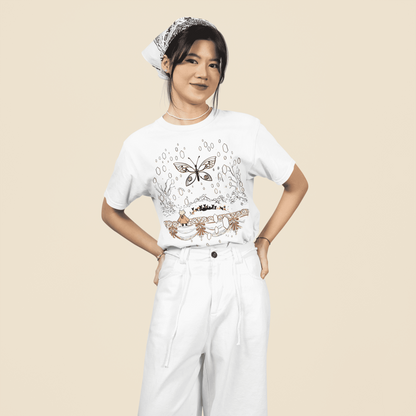 Full-body view of a model wearing the white Nine Sols Butterfly Tee – Golden Echo against a neutral studio background.