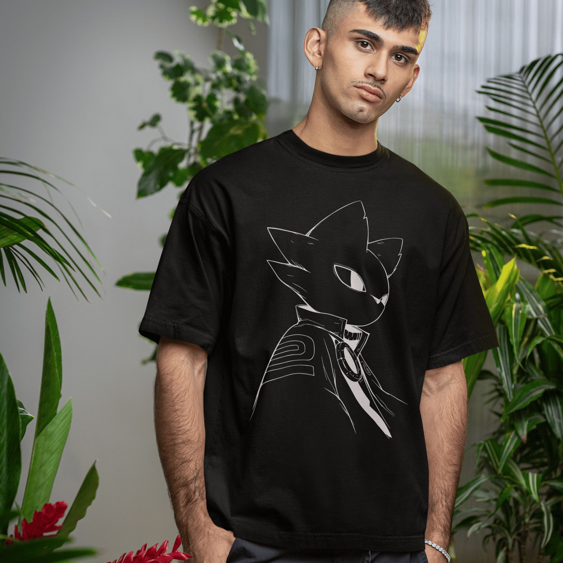 Male model standing in a relaxed pose wearing the black Nine Sols T-Shirt – Silent Resolve Taopunk Portrait in a botanical indoor setting.
