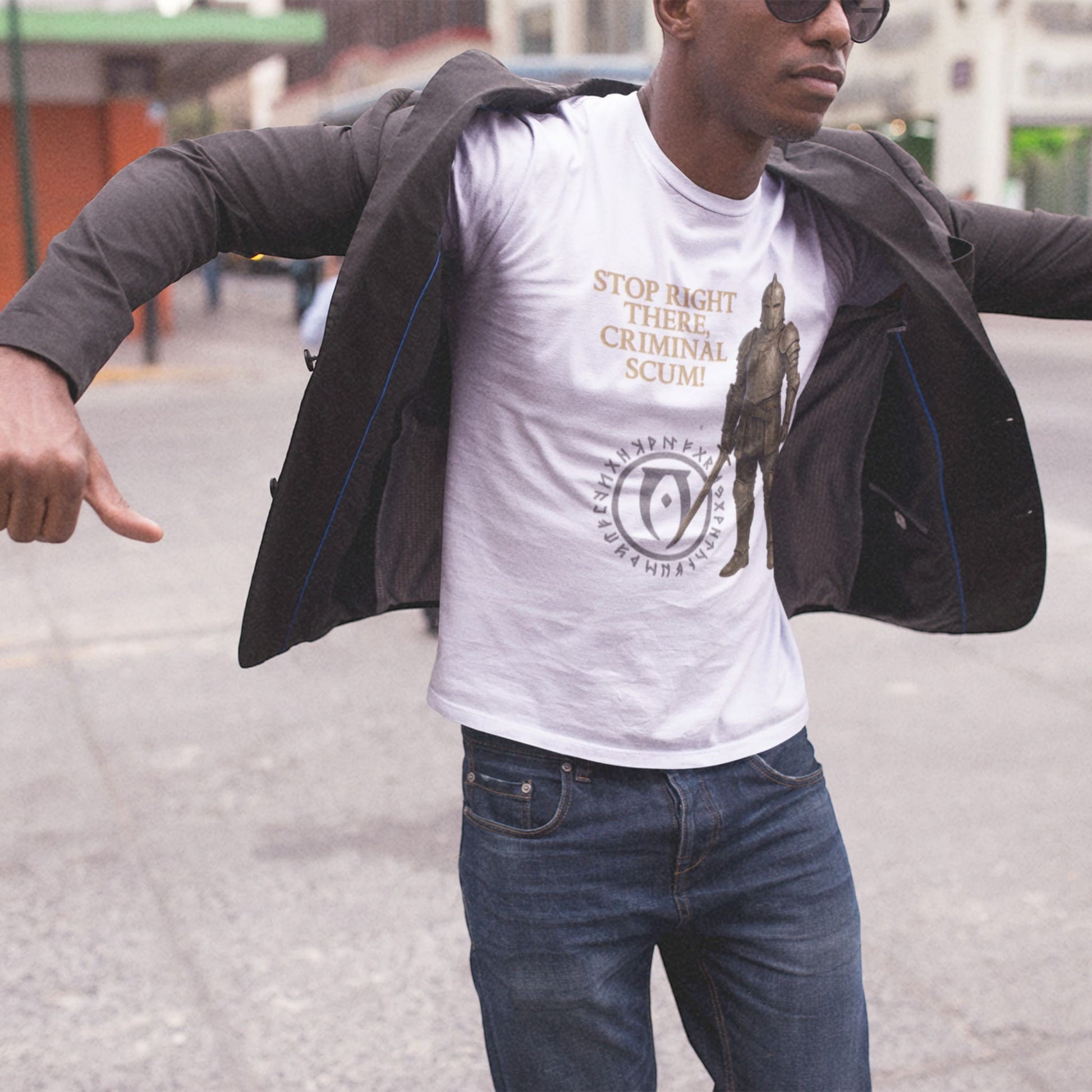 Oblivion Guard T-Shirt – Stop Right There Criminal Scum – fan-made gamer merch by GenioGoods