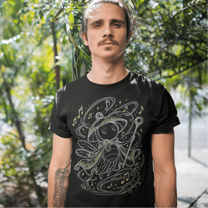 Front garden view of Sherma Wandering Melody T-Shirt – Silksong Fan Art with the design shown on a black tee