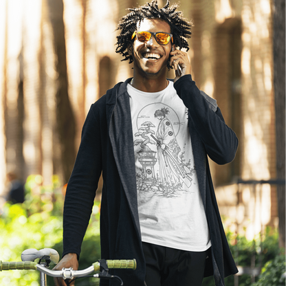 Male model riding a bicycle in Bonsai Samurai T-Shirt with quiet Bushido warrior design on a sunlit forest path.