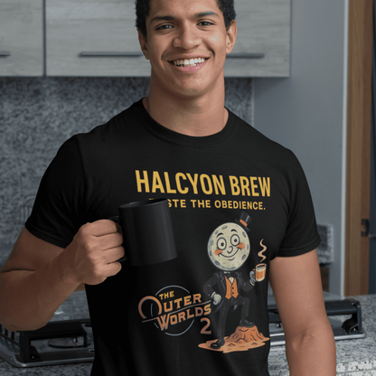 Person wearing a black t-shirt with 'Halcyon Brew' and 'The Outer Worlds 2' design, holding a mug in a kitchen.