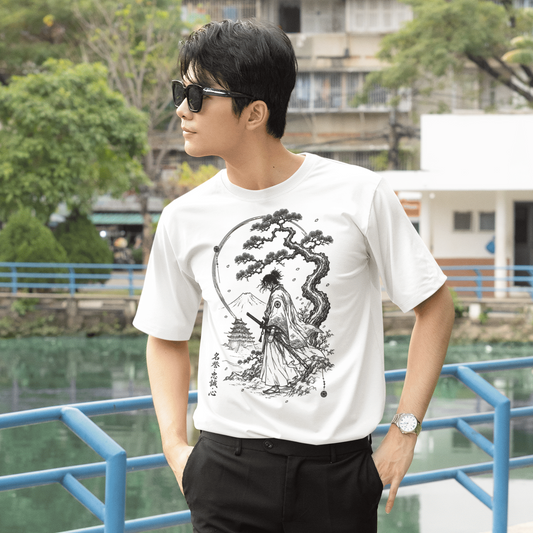 Male model wearing Fuji Samurai T-Shirt with quiet mountain warrior artwork beside a blue railing outdoors.