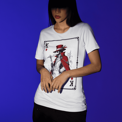 Front view of a model wearing the white Crowsworn Masked King T-Shirt featuring masked king fantasy artwork