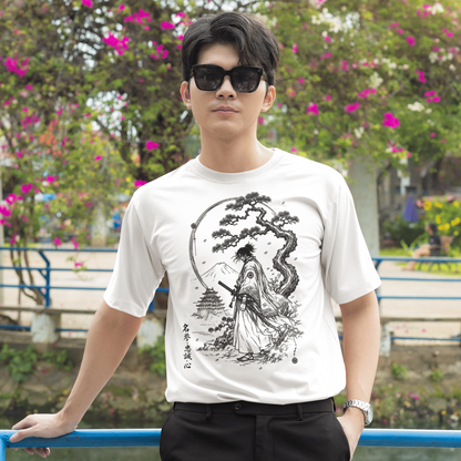 Male model wearing sunglasses and Fuji Samurai T-Shirt with quiet mountain warrior artwork by blooming greenery.