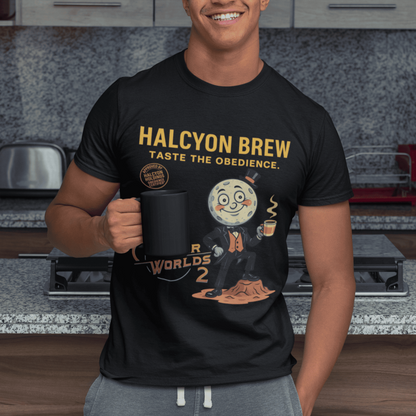 Person wearing a black t-shirt with 'Halcyon Brew' design in a kitchen.