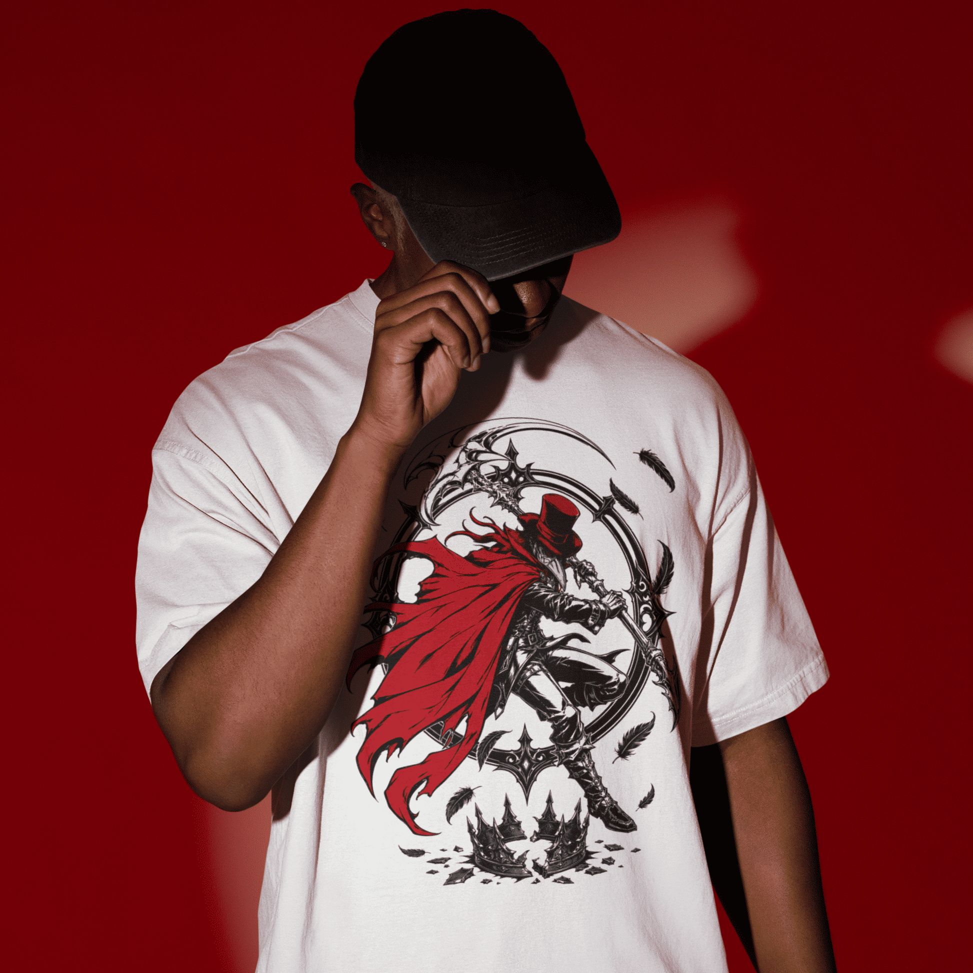 Close-up front view of a model wearing the white Crowsworn Crimson Scythe T-Shirt featuring dark fantasy combat artwork