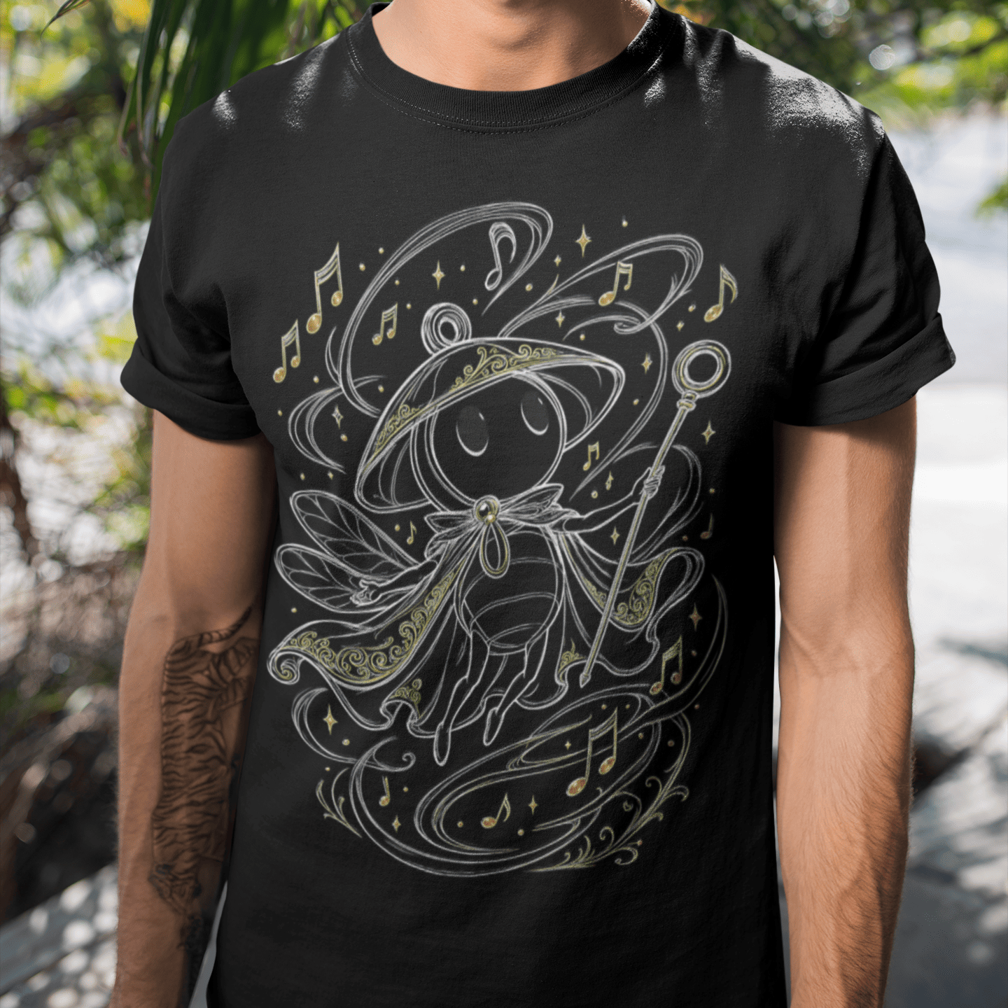 Close front view of Sherma Wandering Melody T-Shirt – Silksong Fan Art highlighting the detailed graphic artwork