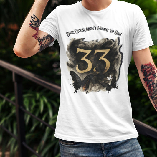 Man wearing Expedition 33 Cycles That Don’t Heal graphic t-shirt inspired by Clair Obscur Expedition 33.