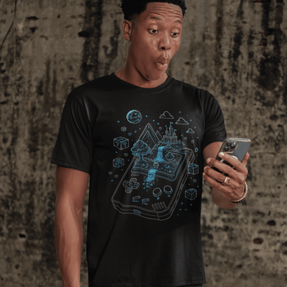 Front view of Handheld Pixel World Gamer T-Shirt with Pixel Adventure Art worn by a model looking at a phone