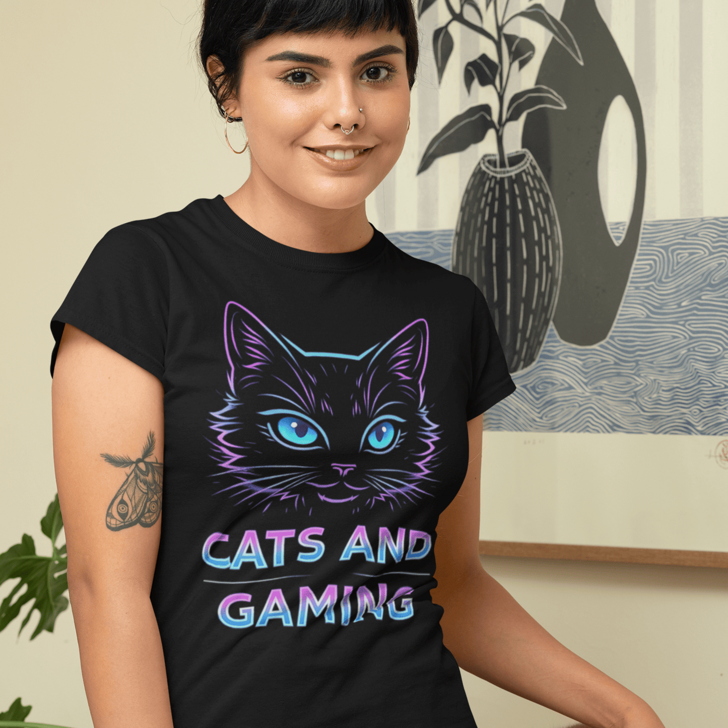 Cats and Gaming T-Shirt – Neon Gamer Cat Aesthetic – original gamer merch by GenioGoods