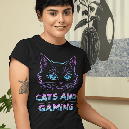 Cats and Gaming T-Shirt – Neon Gamer Cat Aesthetic – original gamer merch by GenioGoods