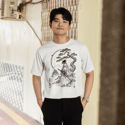 Male model posing in Fuji Samurai T-Shirt with mountain warrior design in a shaded urban walkway.