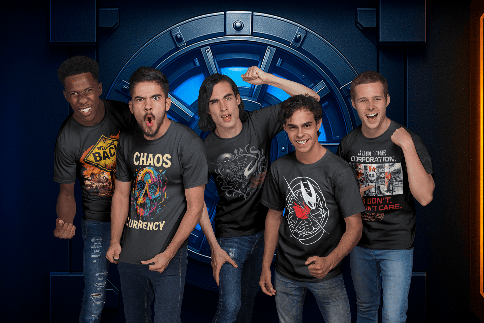 Five gamers posing energetically in graphic gamer t-shirts, expressing excitement and team spirit in a sci-fi vault background.