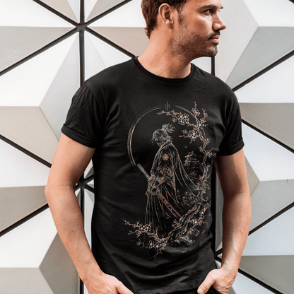 Male model posing in Lone Samurai T-Shirt with cherry blossom samurai graphic beside modern geometric architecture.