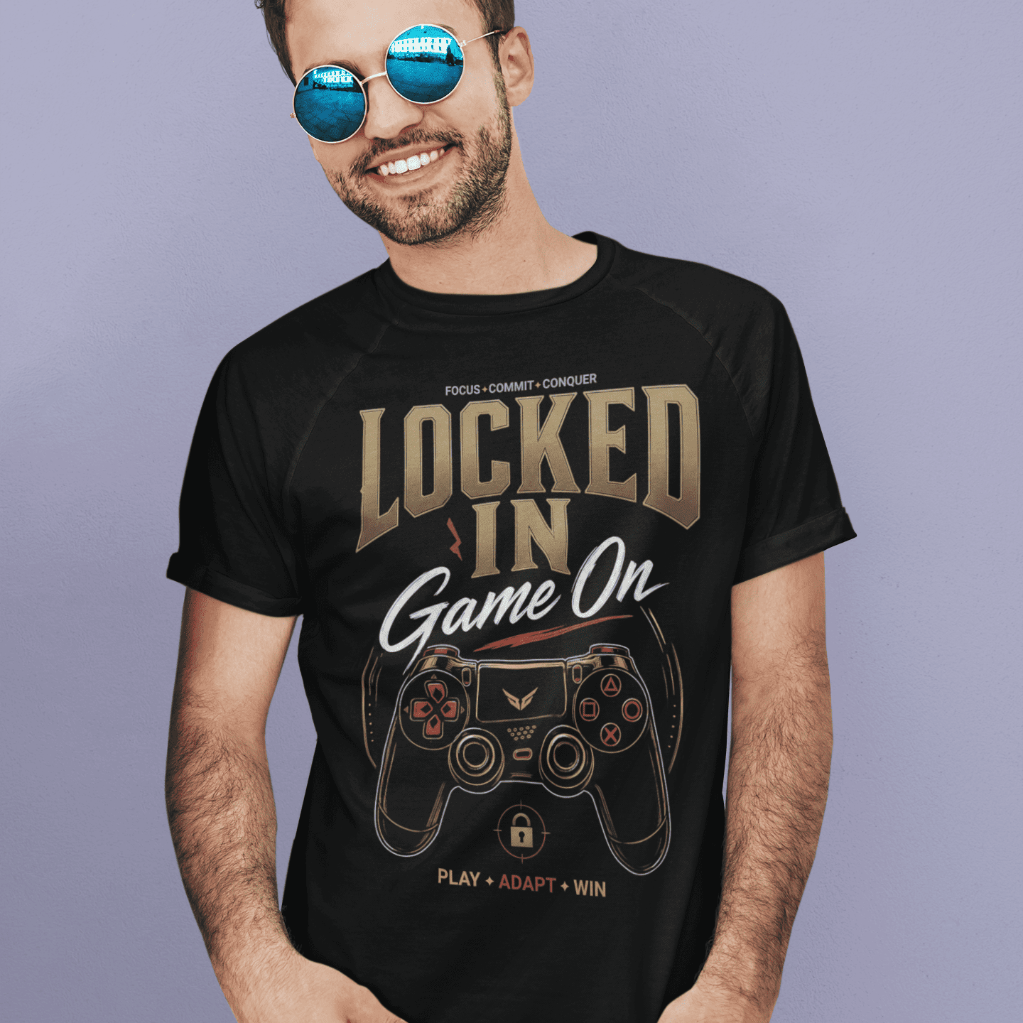 Male model wearing Locked In Gamer T-Shirt with focus mode graphic on a purple studio background.