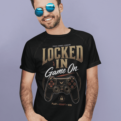 Male model wearing Locked In Gamer T-Shirt with focus mode graphic on a purple studio background.