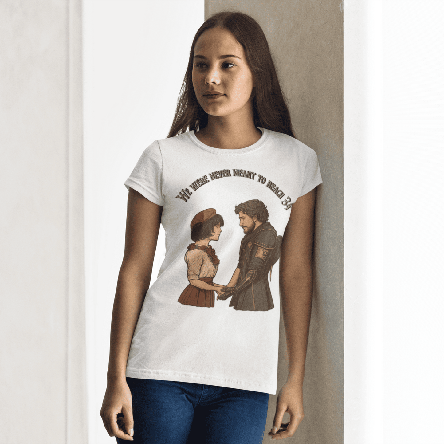 Person wearing a t-shirt with a graphic design of two people holding hands.