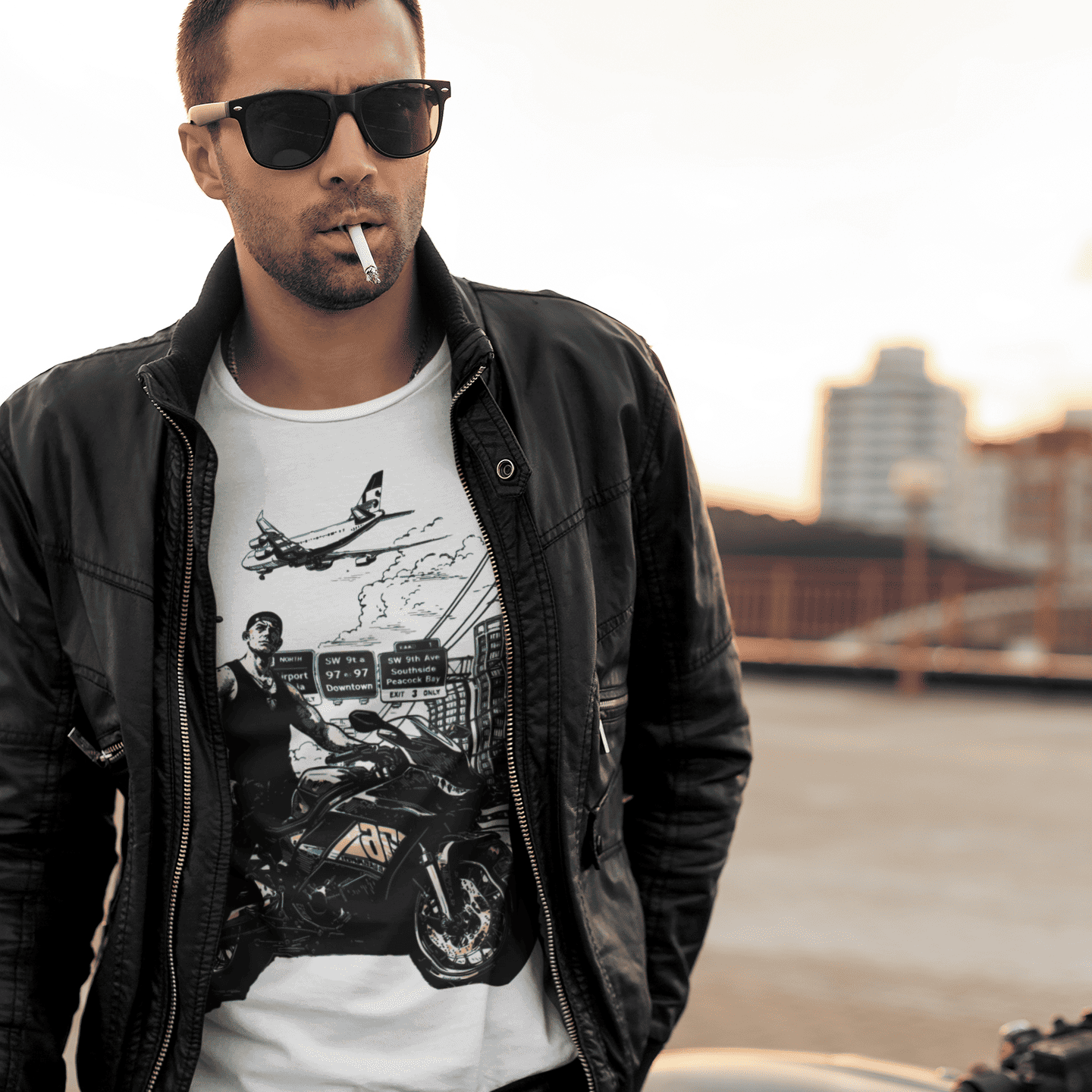 Man wearing a black leather jacket and graphic t-shirt standing next to a motorcycle with a cityscape background.
