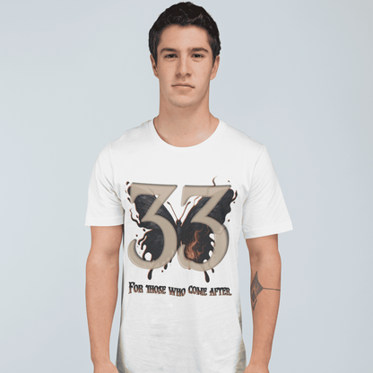 Front view of Expedition 33 "For Those Who Come After" white gaming t-shirt inspired by Clair Obscur Expedition 33.