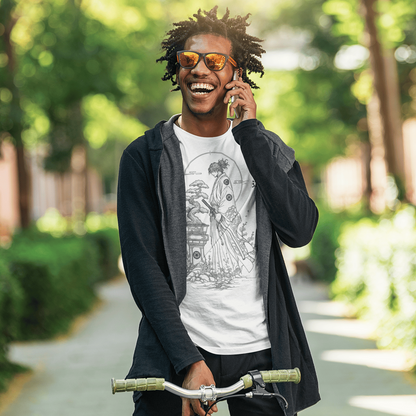 Male model walking with a bicycle in Bonsai Samurai T-Shirt featuring quiet warrior artwork in a green park.