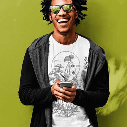Male model wearing sunglasses and Bonsai Samurai T-Shirt with Bushido warrior design against a bright green wall.
