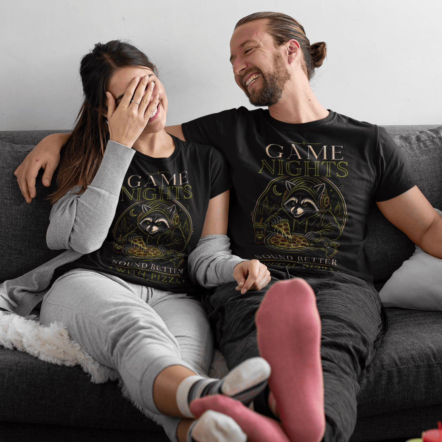 Couch gaming view of Game Nights Sound Better with Pizza T-Shirt worn during pizza night