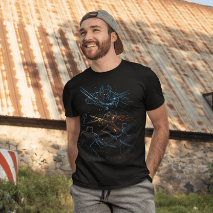 Man wearing a black t-shirt with a graphic design standing in front of a rustic building.
