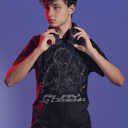 Front view of Play Like a Legend Gamer T-Shirt – Anime Player Mode worn by a model adjusting headphones