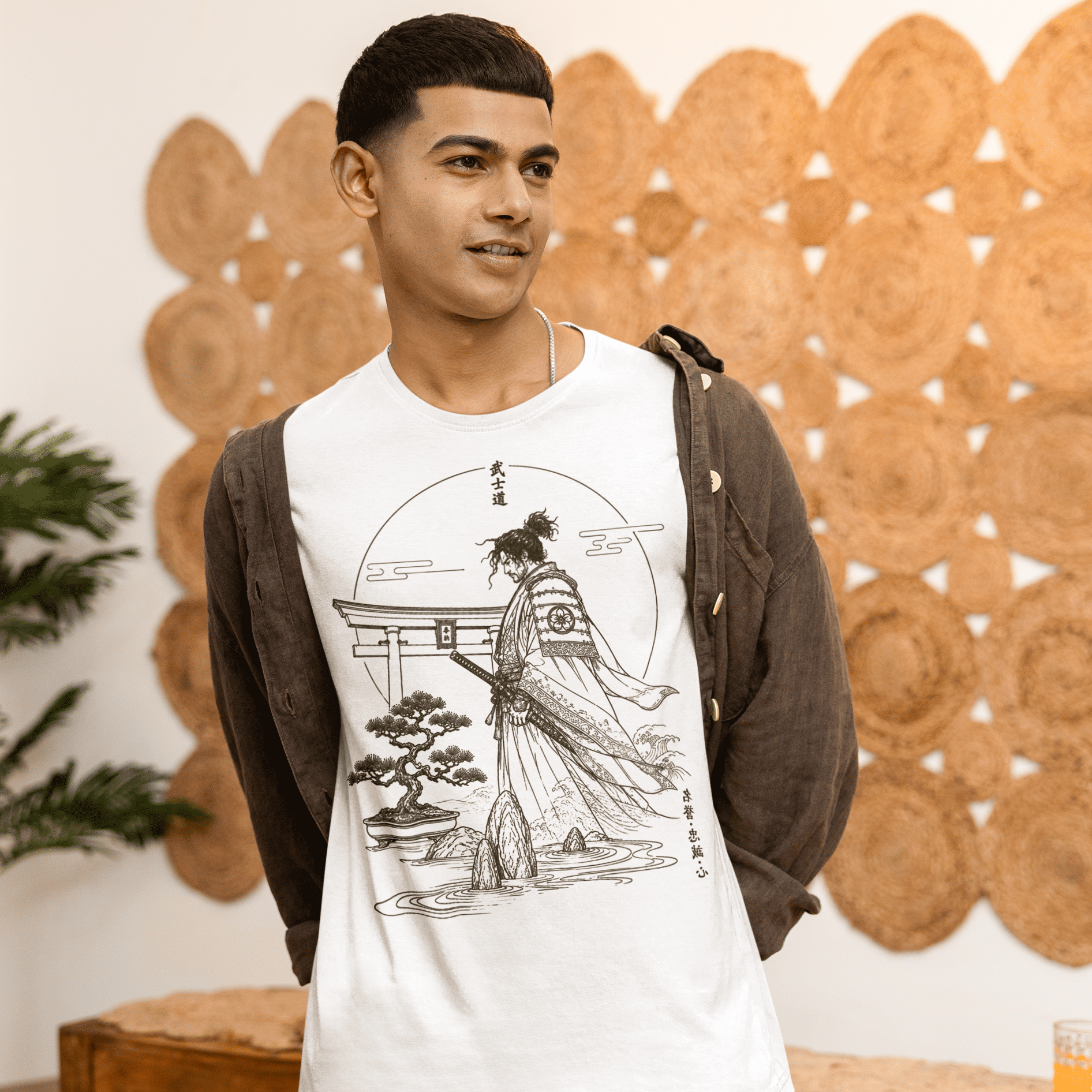 Male model reclining on a sofa in Bushido Samurai T-Shirt with quiet warrior artwork and relaxed lifestyle styling.