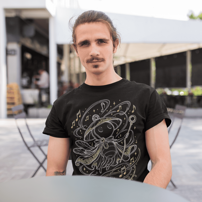 Casual seated view of Sherma Wandering Melody T-Shirt – Silksong Fan Art worn outdoors in an urban setting